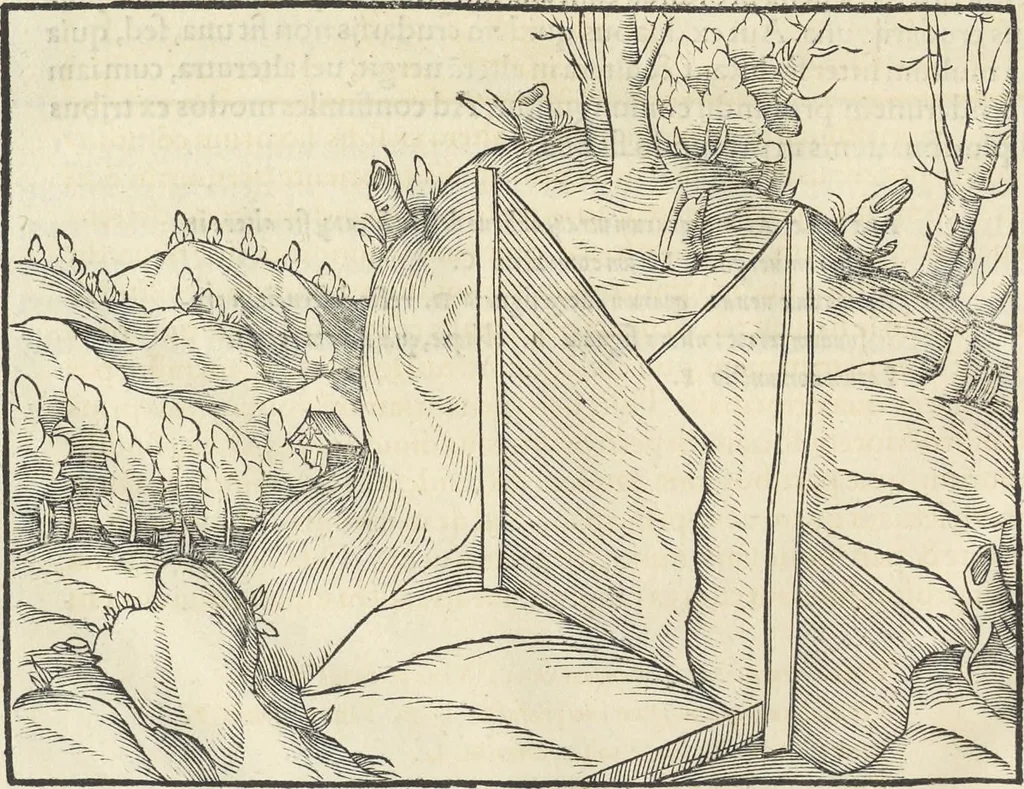 An illustration from Georgii Agricolae De re metallica : libri XII. Quibus officia, instrumenta, machinae, ac omnia deni[que] ad metallicam spectantia, non modo luculentissimè describuntur, sed & per effigies, suis locis infertas, adiunctis latinis, germanicis [que] appellationibus ita ob oculos ponuntur, ut clarius tradi non possint. ; Eiusdem De animantibus subterraneis liber,, 1556, leaf 61