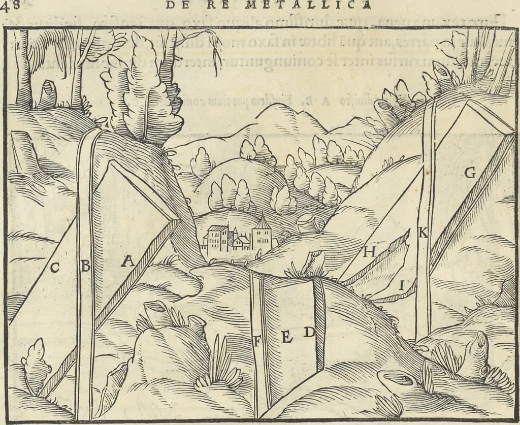 An illustration from Georgii Agricolae De re metallica : libri XII. Quibus officia, instrumenta, machinae, ac omnia deni[que] ad metallicam spectantia, non modo luculentissimè describuntur, sed & per effigies, suis locis infertas, adiunctis latinis, germanicis [que] appellationibus ita ob oculos ponuntur, ut clarius tradi non possint. ; Eiusdem De animantibus subterraneis liber,, 1556, leaf 63