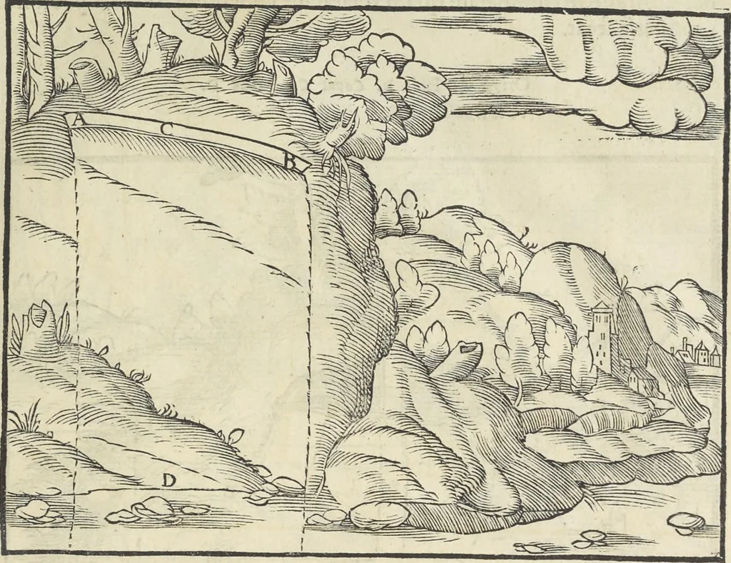 An illustration from Georgii Agricolae De re metallica : libri XII. Quibus officia, instrumenta, machinae, ac omnia deni[que] ad metallicam spectantia, non modo luculentissimè describuntur, sed & per effigies, suis locis infertas, adiunctis latinis, germanicis [que] appellationibus ita ob oculos ponuntur, ut clarius tradi non possint. ; Eiusdem De animantibus subterraneis liber,, 1556, leaf 64