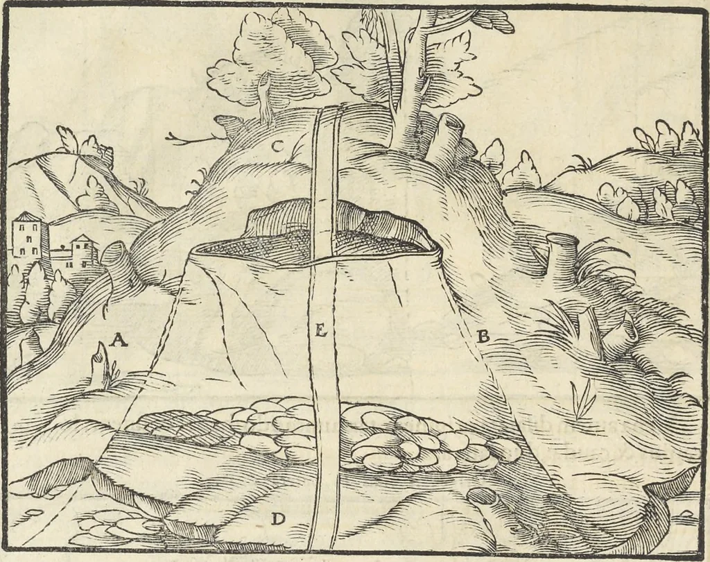 An illustration from Georgii Agricolae De re metallica : libri XII. Quibus officia, instrumenta, machinae, ac omnia deni[que] ad metallicam spectantia, non modo luculentissimè describuntur, sed & per effigies, suis locis infertas, adiunctis latinis, germanicis [que] appellationibus ita ob oculos ponuntur, ut clarius tradi non possint. ; Eiusdem De animantibus subterraneis liber,, 1556, leaf 65