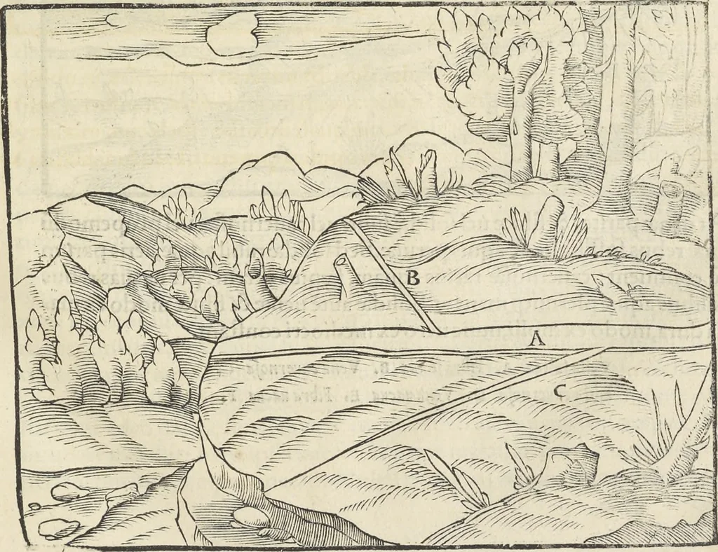 An illustration from Georgii Agricolae De re metallica : libri XII. Quibus officia, instrumenta, machinae, ac omnia deni[que] ad metallicam spectantia, non modo luculentissimè describuntur, sed & per effigies, suis locis infertas, adiunctis latinis, germanicis [que] appellationibus ita ob oculos ponuntur, ut clarius tradi non possint. ; Eiusdem De animantibus subterraneis liber,, 1556, leaf 66