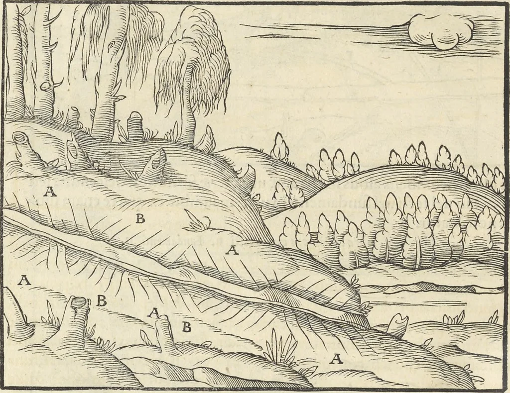 An illustration from Georgii Agricolae De re metallica : libri XII. Quibus officia, instrumenta, machinae, ac omnia deni[que] ad metallicam spectantia, non modo luculentissimè describuntur, sed & per effigies, suis locis infertas, adiunctis latinis, germanicis [que] appellationibus ita ob oculos ponuntur, ut clarius tradi non possint. ; Eiusdem De animantibus subterraneis liber,, 1556, leaf 67