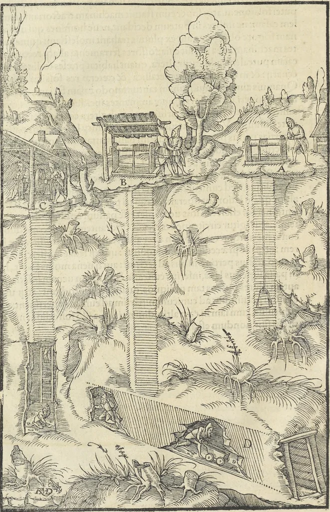An illustration from Georgii Agricolae De re metallica : libri XII. Quibus officia, instrumenta, machinae, ac omnia deni[que] ad metallicam spectantia, non modo luculentissimè describuntur, sed & per effigies, suis locis infertas, adiunctis latinis, germanicis [que] appellationibus ita ob oculos ponuntur, ut clarius tradi non possint. ; Eiusdem De animantibus subterraneis liber,, 1556, leaf 87