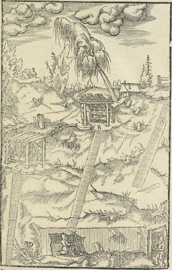An illustration from Georgii Agricolae De re metallica : libri XII. Quibus officia, instrumenta, machinae, ac omnia deni[que] ad metallicam spectantia, non modo luculentissimè describuntur, sed & per effigies, suis locis infertas, adiunctis latinis, germanicis [que] appellationibus ita ob oculos ponuntur, ut clarius tradi non possint. ; Eiusdem De animantibus subterraneis liber,, 1556, leaf 88