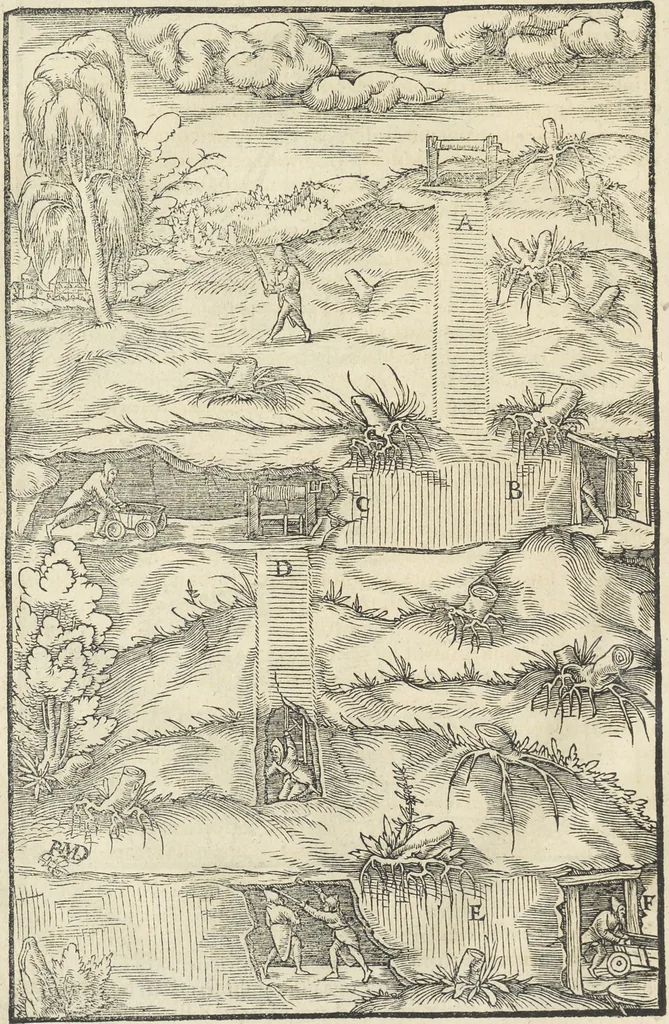An illustration from Georgii Agricolae De re metallica : libri XII. Quibus officia, instrumenta, machinae, ac omnia deni[que] ad metallicam spectantia, non modo luculentissimè describuntur, sed & per effigies, suis locis infertas, adiunctis latinis, germanicis [que] appellationibus ita ob oculos ponuntur, ut clarius tradi non possint. ; Eiusdem De animantibus subterraneis liber,, 1556, leaf 89