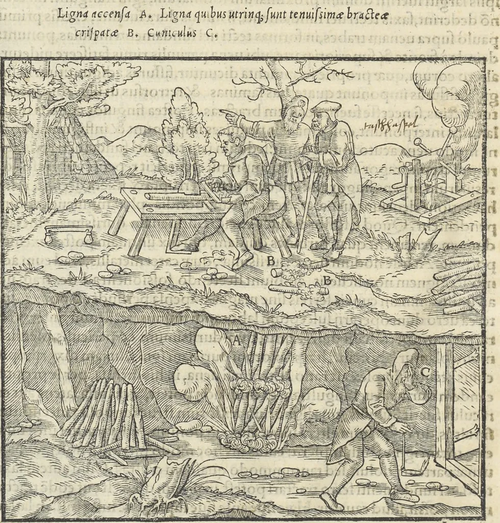 An illustration from Georgii Agricolae De re metallica : libri XII. Quibus officia, instrumenta, machinae, ac omnia deni[que] ad metallicam spectantia, non modo luculentissimè describuntur, sed & per effigies, suis locis infertas, adiunctis latinis, germanicis [que] appellationibus ita ob oculos ponuntur, ut clarius tradi non possint. ; Eiusdem De animantibus subterraneis liber,, 1556, leaf 95