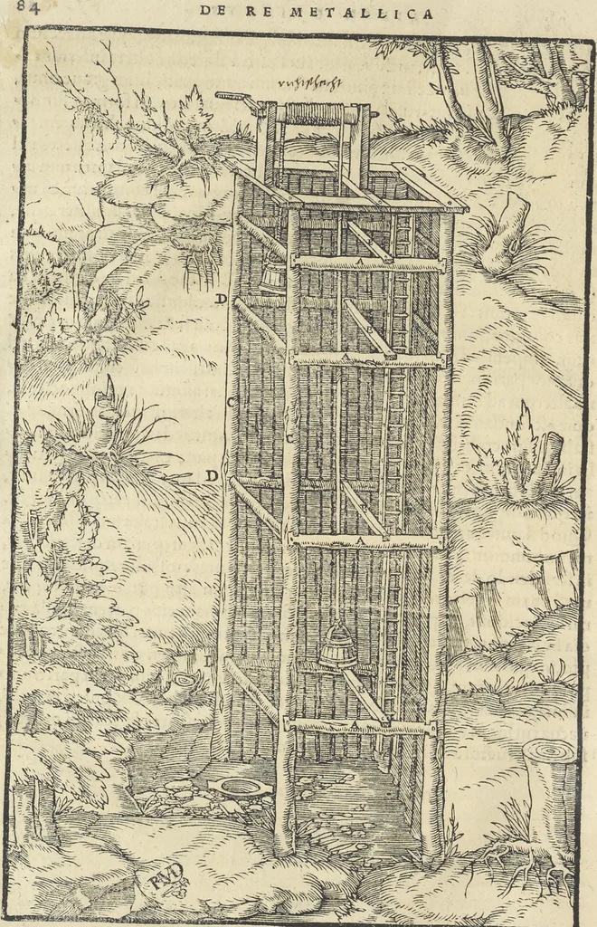 An illustration from Georgii Agricolae De re metallica : libri XII. Quibus officia, instrumenta, machinae, ac omnia deni[que] ad metallicam spectantia, non modo luculentissimè describuntur, sed & per effigies, suis locis infertas, adiunctis latinis, germanicis [que] appellationibus ita ob oculos ponuntur, ut clarius tradi non possint. ; Eiusdem De animantibus subterraneis liber,, 1556, leaf 99