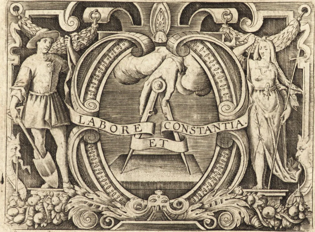 An illustration from Ivsti LipsI Politicorvm, sive, Civilis doctrinae libri sex : qui ad principatum maxime spectant : additae Notae auctiores, tum & De vna religione liber, 1610, leaf 8