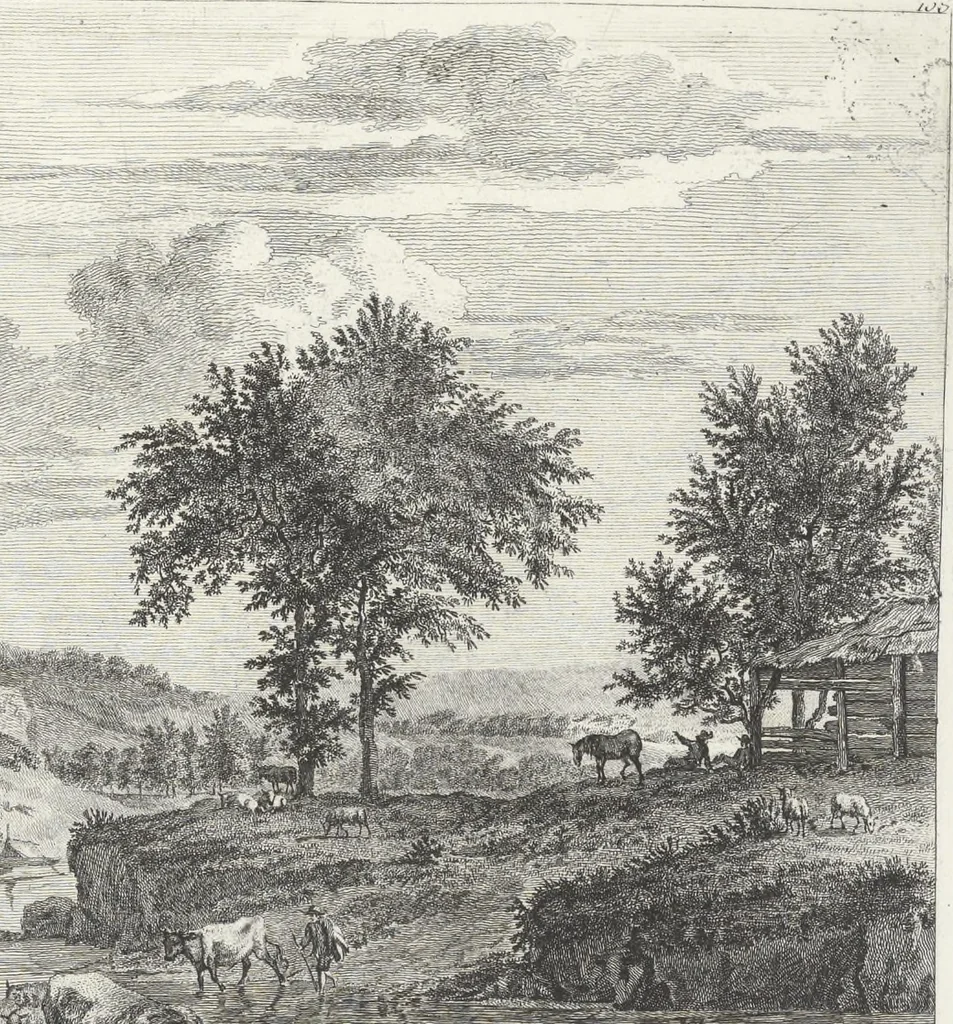 An illustration from Collection de cent-vingt estampes, gravées d'après les tableaux & dessins qui composoient le cabinet de M. Poullain, receveur général des domaines du roi, décédé en 1780 : précédé d'un abrégé historique de la vie des auteurs qui la composent, 1781, leaf 214