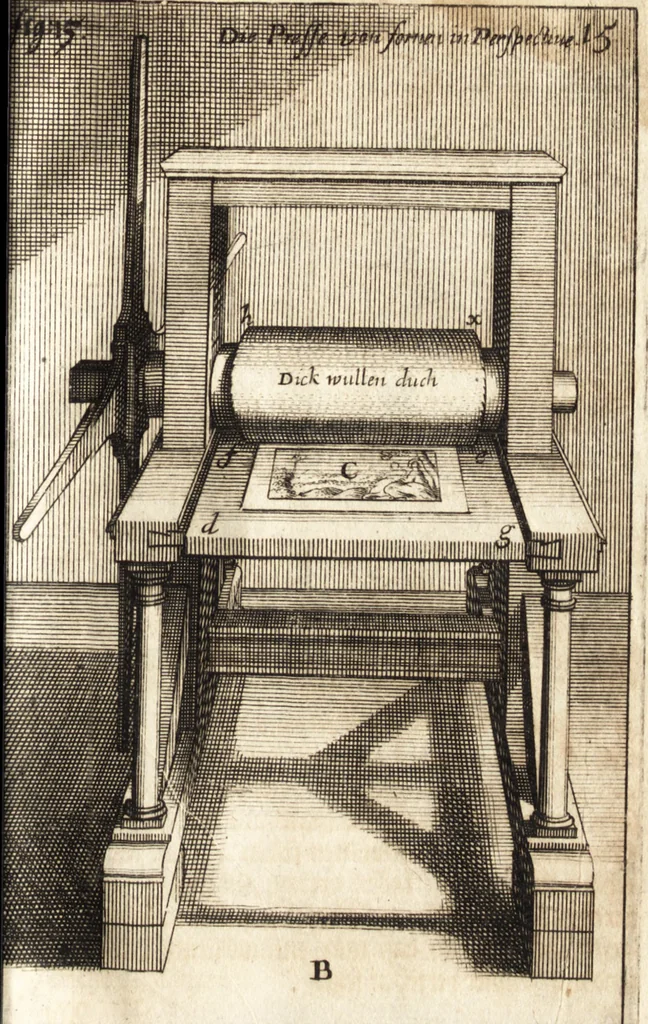 An illustration from Kunstbüchlein handelt von der Radier- und Etzkunst : wie man nemlich mit Scheidwasser in Kupffer etzen, das Scheid- oder Etzwasser, wie auch den harten und weichen Etzgrund machen solle : beneben kurtzer Beschreibung wie man die Kupffer-Platten abdrucken ..., 1652, leaf 158