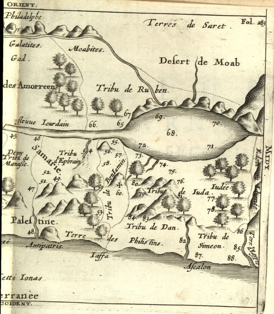 An illustration from Le pieux pelerin, ou Voyage de Ierusalem. Divisé en trois livres, contenans la description topographique de plusieurs royaumes, pais, villes, nations estrangeres, nommément des quatorze religions orientales... Ioinct un discours de l'Alcoran, et un traicté de la cité de Ierusalem, et de tous les saincts lieux de la Palestine, 1666, leaf 318