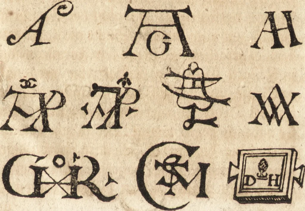 An illustration from Joh. Frieder. Christen, Professoris bey der Universität zu Leipzig, Anzeige und Auslegung der Monogrammatum : einzeln und verzogenen Anfangsbuchstaben der Nahmen, auch anderer Züge und Zeichen, unter welchen berühmte Mahler, Kupferstecher, und andere dergleichen Künstler, aus ihren Wercken sich verborgen haben : alles aus gutem Grunde und aus den ersten Wercken selbst, ietzt von neuem genommen, 1747, leaf 18