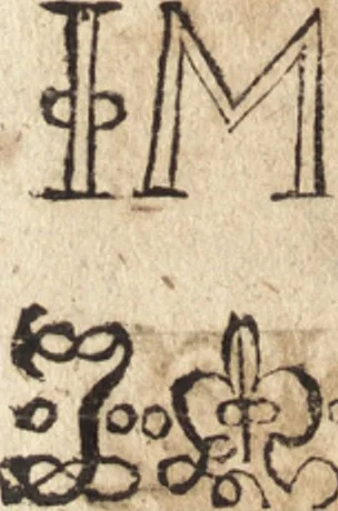 An illustration from Joh. Frieder. Christen, Professoris bey der Universität zu Leipzig, Anzeige und Auslegung der Monogrammatum : einzeln und verzogenen Anfangsbuchstaben der Nahmen, auch anderer Züge und Zeichen, unter welchen berühmte Mahler, Kupferstecher, und andere dergleichen Künstler, aus ihren Wercken sich verborgen haben : alles aus gutem Grunde und aus den ersten Wercken selbst, ietzt von neuem genommen, 1747, leaf 283