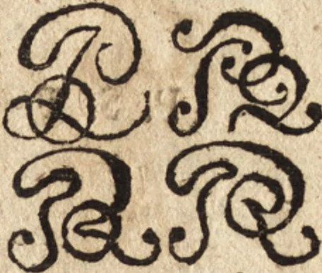 An illustration from Joh. Frieder. Christen, Professoris bey der Universität zu Leipzig, Anzeige und Auslegung der Monogrammatum : einzeln und verzogenen Anfangsbuchstaben der Nahmen, auch anderer Züge und Zeichen, unter welchen berühmte Mahler, Kupferstecher, und andere dergleichen Künstler, aus ihren Wercken sich verborgen haben : alles aus gutem Grunde und aus den ersten Wercken selbst, ietzt von neuem genommen, 1747, leaf 356