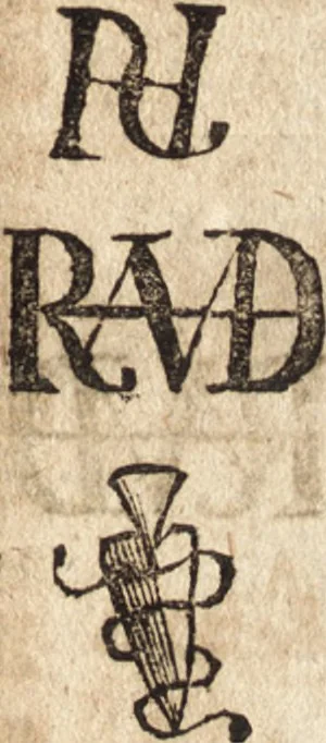 An illustration from Joh. Frieder. Christen, Professoris bey der Universität zu Leipzig, Anzeige und Auslegung der Monogrammatum : einzeln und verzogenen Anfangsbuchstaben der Nahmen, auch anderer Züge und Zeichen, unter welchen berühmte Mahler, Kupferstecher, und andere dergleichen Künstler, aus ihren Wercken sich verborgen haben : alles aus gutem Grunde und aus den ersten Wercken selbst, ietzt von neuem genommen, 1747, leaf 364