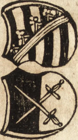 An illustration from Joh. Frieder. Christen, Professoris bey der Universität zu Leipzig, Anzeige und Auslegung der Monogrammatum : einzeln und verzogenen Anfangsbuchstaben der Nahmen, auch anderer Züge und Zeichen, unter welchen berühmte Mahler, Kupferstecher, und andere dergleichen Künstler, aus ihren Wercken sich verborgen haben : alles aus gutem Grunde und aus den ersten Wercken selbst, ietzt von neuem genommen, 1747, leaf 410