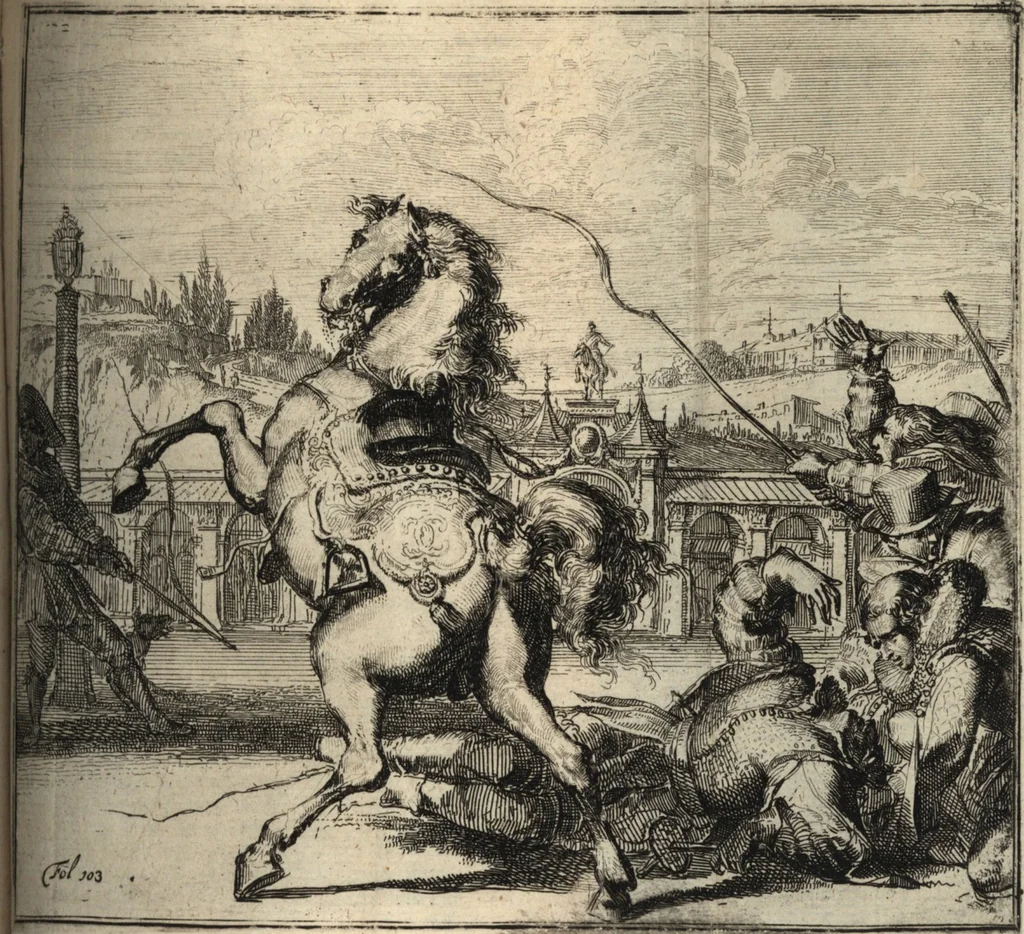 An illustration from De Spaensche Mercurius : verhandelende eenige onderlinge belangen van die kroon aenmerckelijcke bysonderheden, voor-vallen, en andere eygenschappen : met schoone koopere platen der geschiedenissen verciert : zijnde van de Reysende Mercurius het tweede deel, 1674, leaf 108