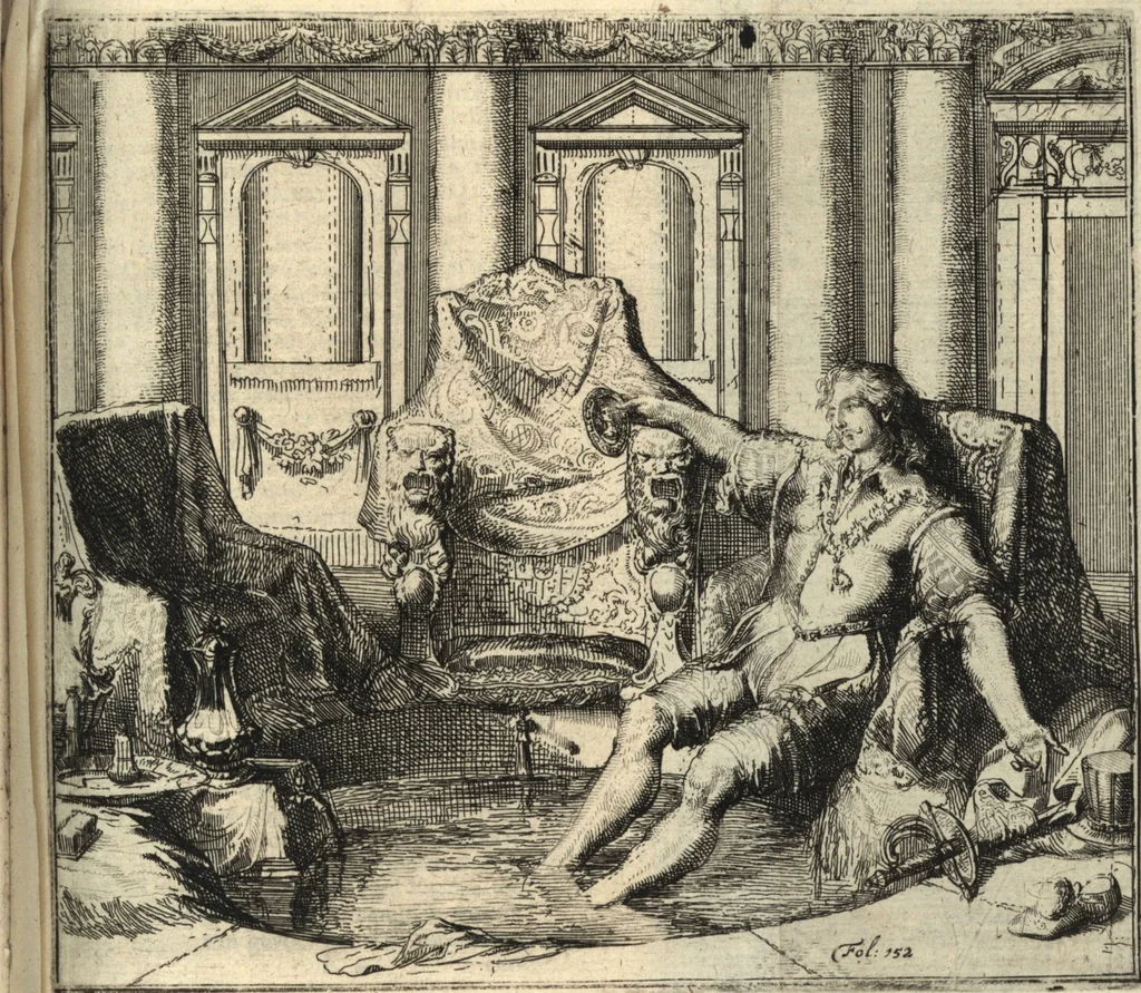 An illustration from De Spaensche Mercurius : verhandelende eenige onderlinge belangen van die kroon aenmerckelijcke bysonderheden, voor-vallen, en andere eygenschappen : met schoone koopere platen der geschiedenissen verciert : zijnde van de Reysende Mercurius het tweede deel, 1674, leaf 160
