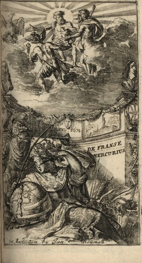 An illustration from De Fransche Mercurius : verhandelende europische, en voornamentlijck Fransche saken, in en omtrent dese tijdt voorgevallen : als mede een verantwoordingh van de Reysende Mercurius op de aenmerckinge over en tegen de selve gedaen : zijnde van de Reysende Mercurius het derde deel, 1674, leaf 4