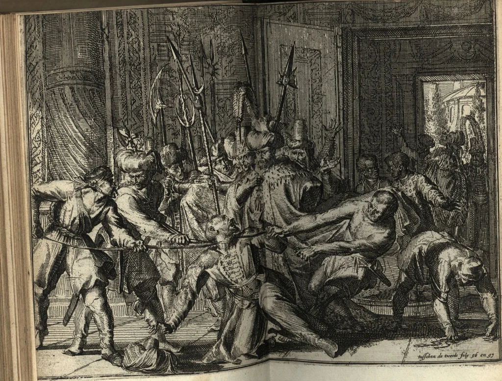 An illustration from De reysende Mercurius : verhandelende de hedendaeghsche en onlanghs tegenwoordige staet en verrichtingen van Europa, afbeeldinge der volckeren, staets-handelingen, bysondere voorvallen, en afbeeldinge der zeden, &c. : met schoone koopere platen der geschiedenissen verçiert, 1673, leaf 179