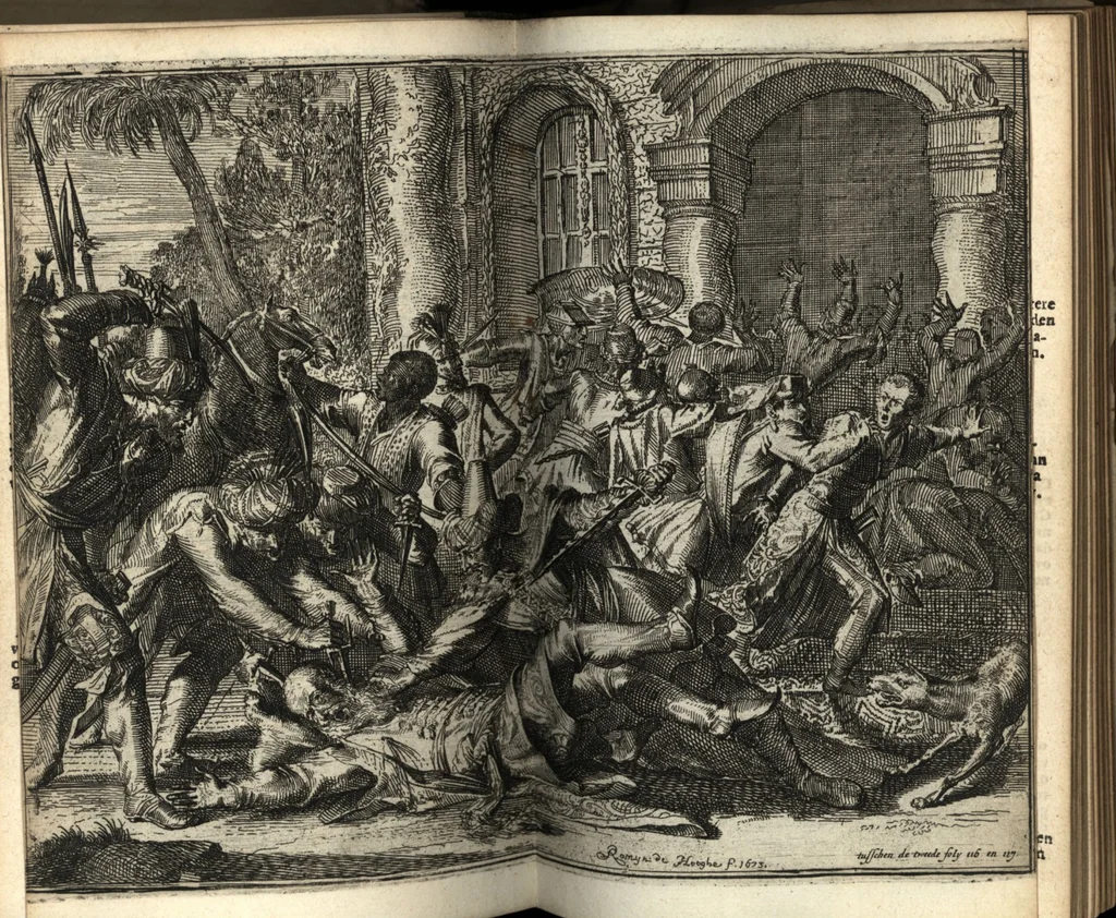 An illustration from De reysende Mercurius : verhandelende de hedendaeghsche en onlanghs tegenwoordige staet en verrichtingen van Europa, afbeeldinge der volckeren, staets-handelingen, bysondere voorvallen, en afbeeldinge der zeden, &c. : met schoone koopere platen der geschiedenissen verçiert, 1673, leaf 202