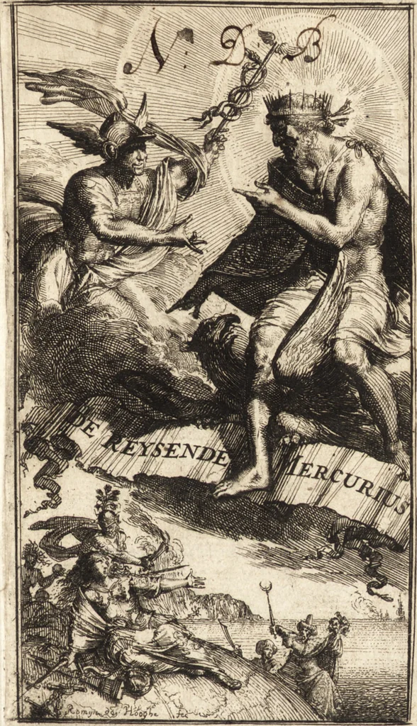 An illustration from De reysende Mercurius : verhandelende de hedendaeghsche en onlanghs tegenwoordige staet en verrichtingen van Europa, afbeeldinge der volckeren, staets-handelingen, bysondere voorvallen, en afbeeldinge der zeden, &c. : met schoone koopere platen der geschiedenissen verçiert, 1673, leaf 8
