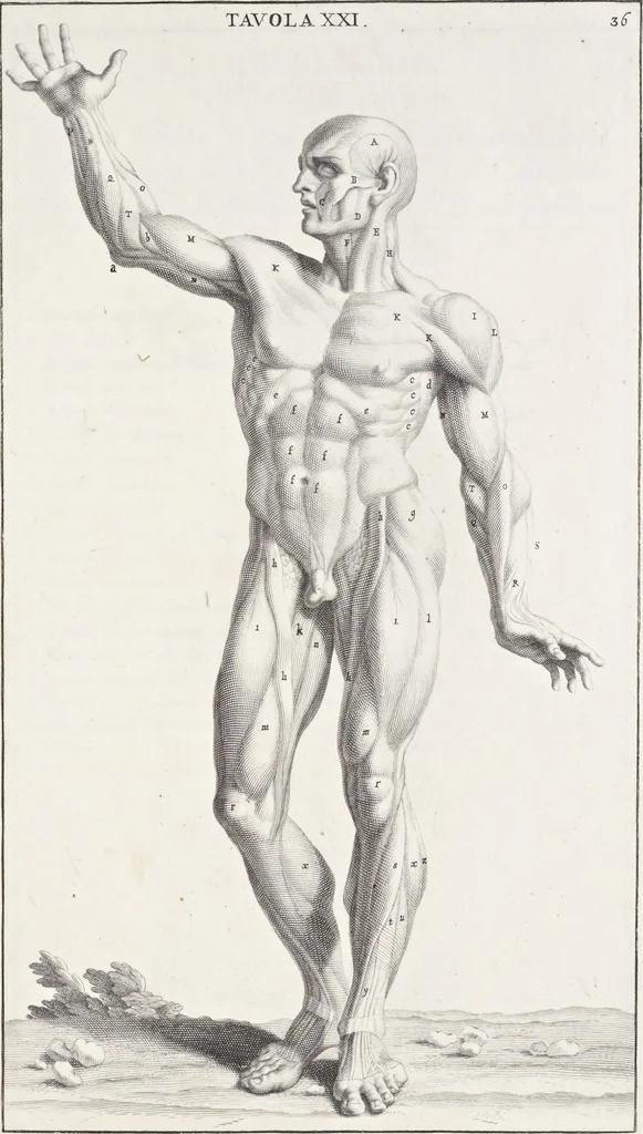 An illustration from Anatomia per uso et intelligenza del disegno; ricercata non solo su gl'ossi e muscoli del corpo humano, ma dimostrata ancora su le statue antiche più insigni di Roma;, 1691, leaf 76
