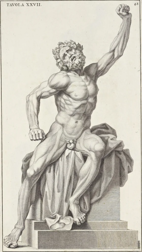 An illustration from Anatomia per uso et intelligenza del disegno; ricercata non solo su gl'ossi e muscoli del corpo humano, ma dimostrata ancora su le statue antiche più insigni di Roma;, 1691, leaf 90
