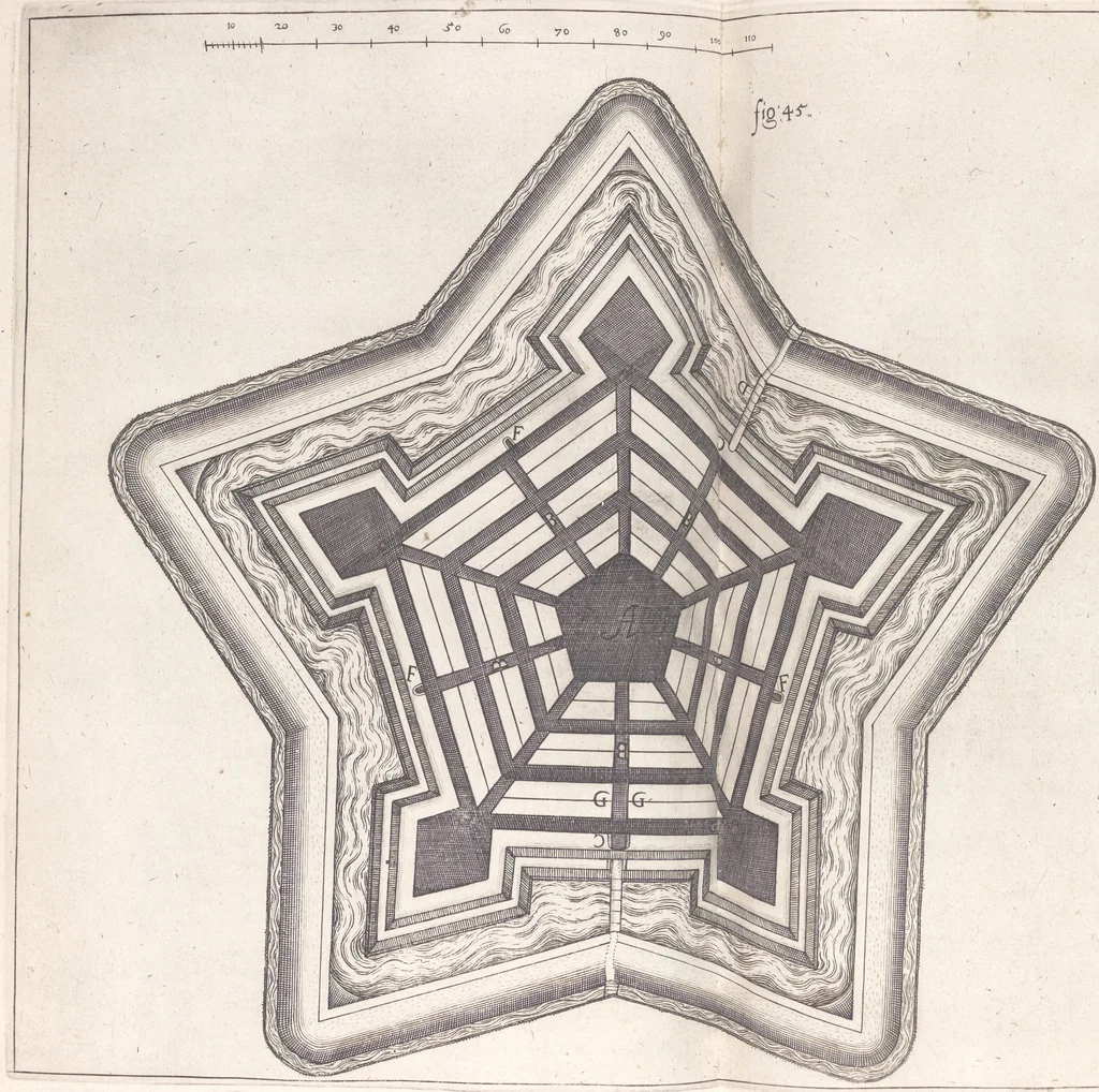 An illustration from Architectura militaris nova et aucta, oder, Newe vermehrte Fortification von regular Vestungen, von irregular Vestungen vnd Aussen wercken, von Praxi offensiva vnd defensiva : auff die neweste Niederländische Praxin gerichtet vnd beschrieben, 1665, leaf 128