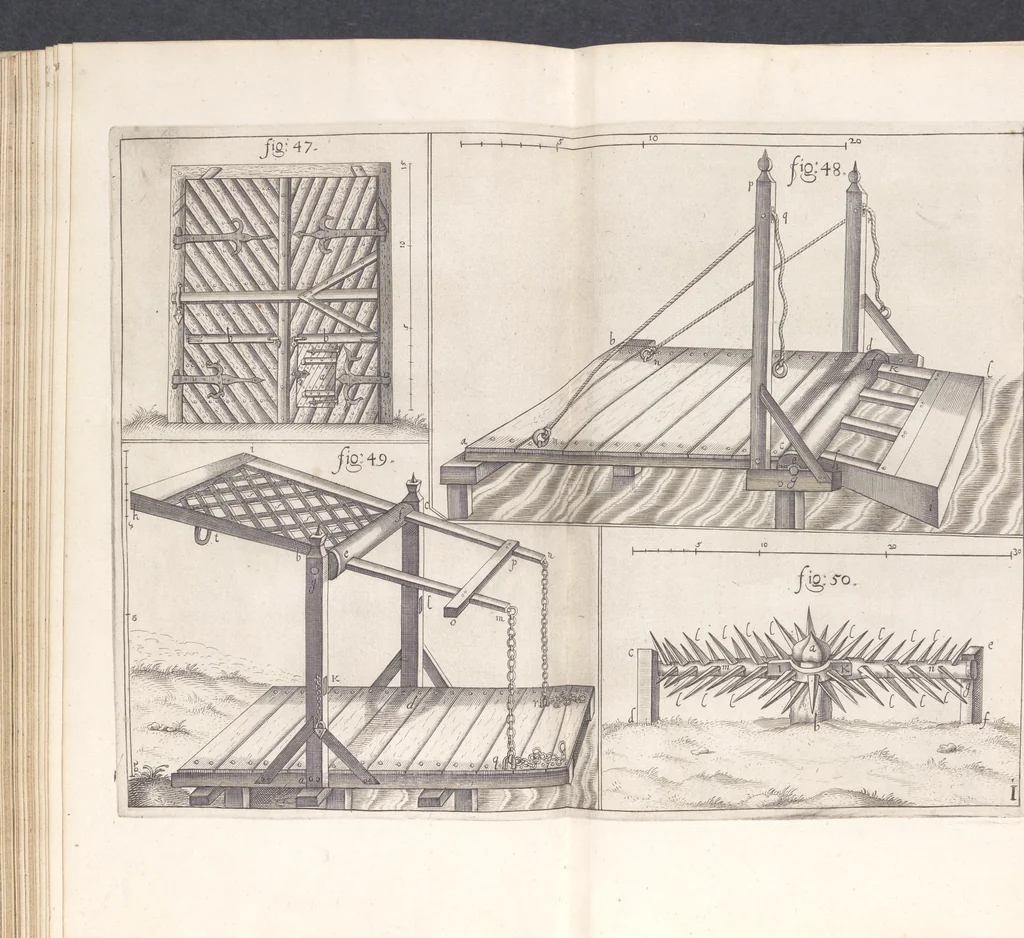An illustration from Architectura militaris nova et aucta, oder, Newe vermehrte Fortification von regular Vestungen, von irregular Vestungen vnd Aussen wercken, von Praxi offensiva vnd defensiva : auff die neweste Niederländische Praxin gerichtet vnd beschrieben, 1665, leaf 132