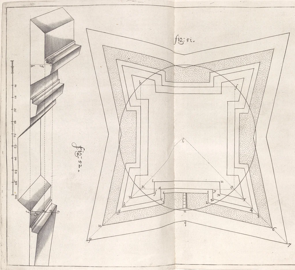 An illustration from Architectura militaris nova et aucta, oder, Newe vermehrte Fortification von regular Vestungen, von irregular Vestungen vnd Aussen wercken, von Praxi offensiva vnd defensiva : auff die neweste Niederländische Praxin gerichtet vnd beschrieben, 1665, leaf 140