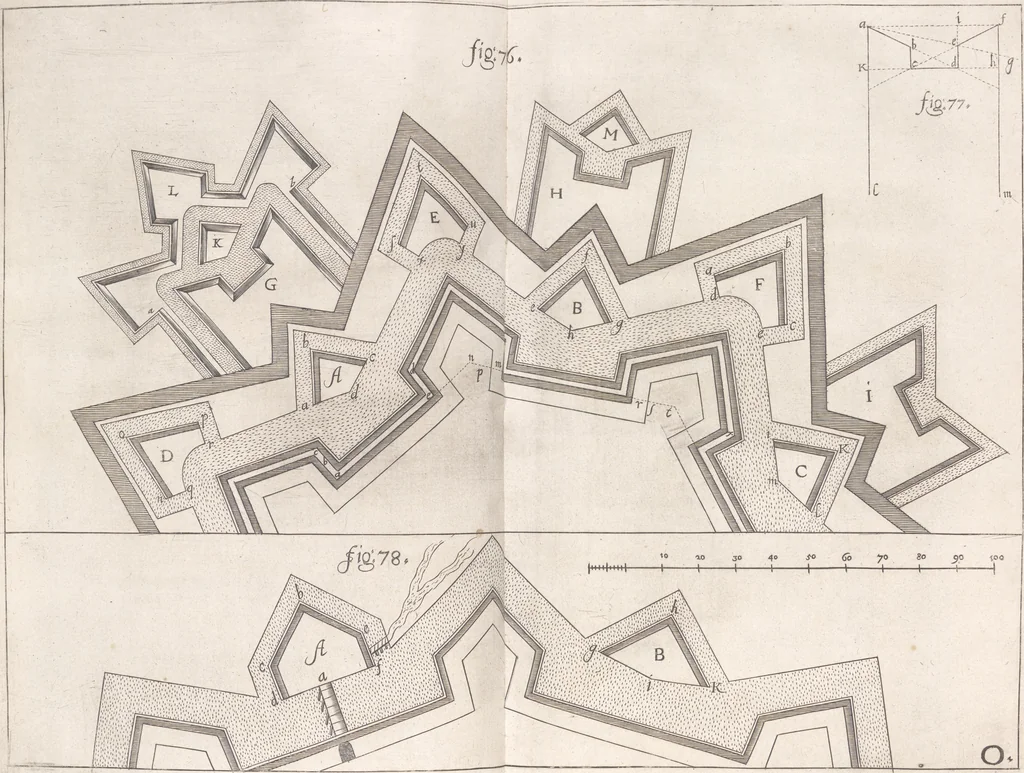 An illustration from Architectura militaris nova et aucta, oder, Newe vermehrte Fortification von regular Vestungen, von irregular Vestungen vnd Aussen wercken, von Praxi offensiva vnd defensiva : auff die neweste Niederländische Praxin gerichtet vnd beschrieben, 1665, leaf 182