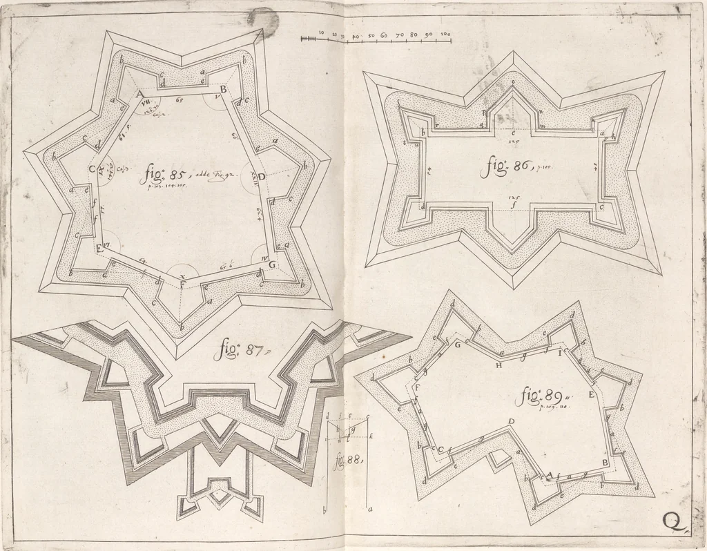 An illustration from Architectura militaris nova et aucta, oder, Newe vermehrte Fortification von regular Vestungen, von irregular Vestungen vnd Aussen wercken, von Praxi offensiva vnd defensiva : auff die neweste Niederländische Praxin gerichtet vnd beschrieben, 1665, leaf 208