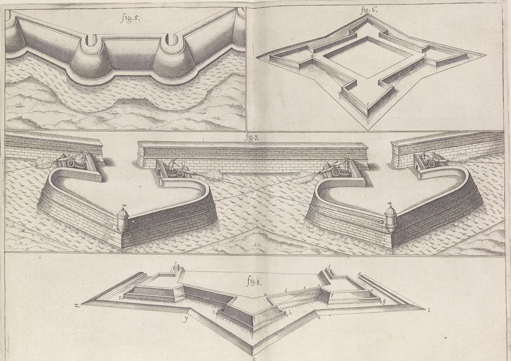 An illustration from Architectura militaris nova et aucta, oder, Newe vermehrte Fortification von regular Vestungen, von irregular Vestungen vnd Aussen wercken, von Praxi offensiva vnd defensiva : auff die neweste Niederländische Praxin gerichtet vnd beschrieben, 1665, leaf 21
