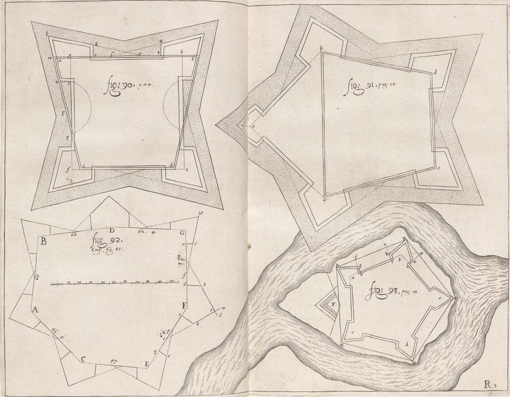 An illustration from Architectura militaris nova et aucta, oder, Newe vermehrte Fortification von regular Vestungen, von irregular Vestungen vnd Aussen wercken, von Praxi offensiva vnd defensiva : auff die neweste Niederländische Praxin gerichtet vnd beschrieben, 1665, leaf 216