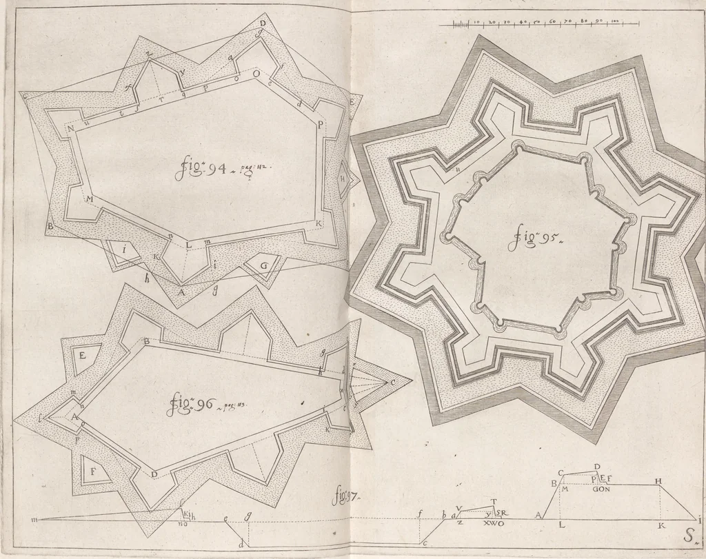 An illustration from Architectura militaris nova et aucta, oder, Newe vermehrte Fortification von regular Vestungen, von irregular Vestungen vnd Aussen wercken, von Praxi offensiva vnd defensiva : auff die neweste Niederländische Praxin gerichtet vnd beschrieben, 1665, leaf 222