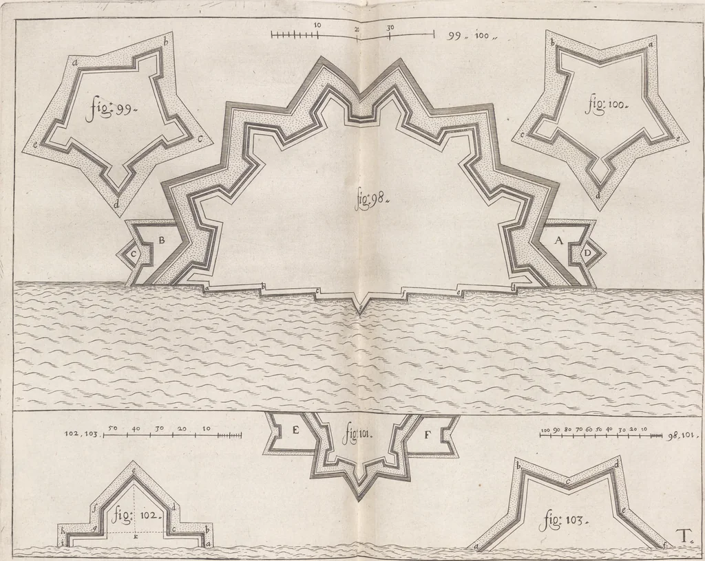An illustration from Architectura militaris nova et aucta, oder, Newe vermehrte Fortification von regular Vestungen, von irregular Vestungen vnd Aussen wercken, von Praxi offensiva vnd defensiva : auff die neweste Niederländische Praxin gerichtet vnd beschrieben, 1665, leaf 230
