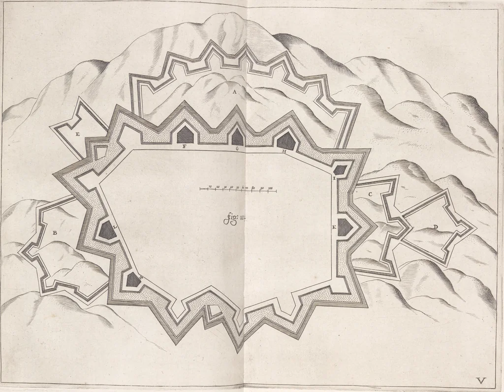 An illustration from Architectura militaris nova et aucta, oder, Newe vermehrte Fortification von regular Vestungen, von irregular Vestungen vnd Aussen wercken, von Praxi offensiva vnd defensiva : auff die neweste Niederländische Praxin gerichtet vnd beschrieben, 1665, leaf 236