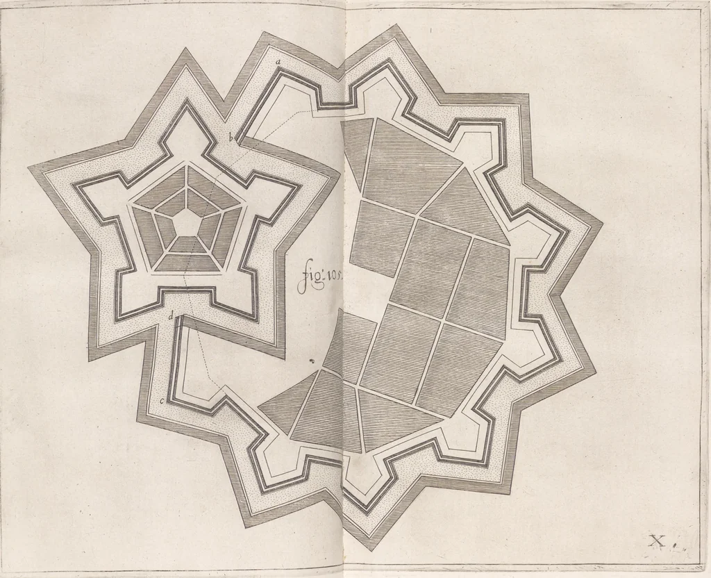 An illustration from Architectura militaris nova et aucta, oder, Newe vermehrte Fortification von regular Vestungen, von irregular Vestungen vnd Aussen wercken, von Praxi offensiva vnd defensiva : auff die neweste Niederländische Praxin gerichtet vnd beschrieben, 1665, leaf 240