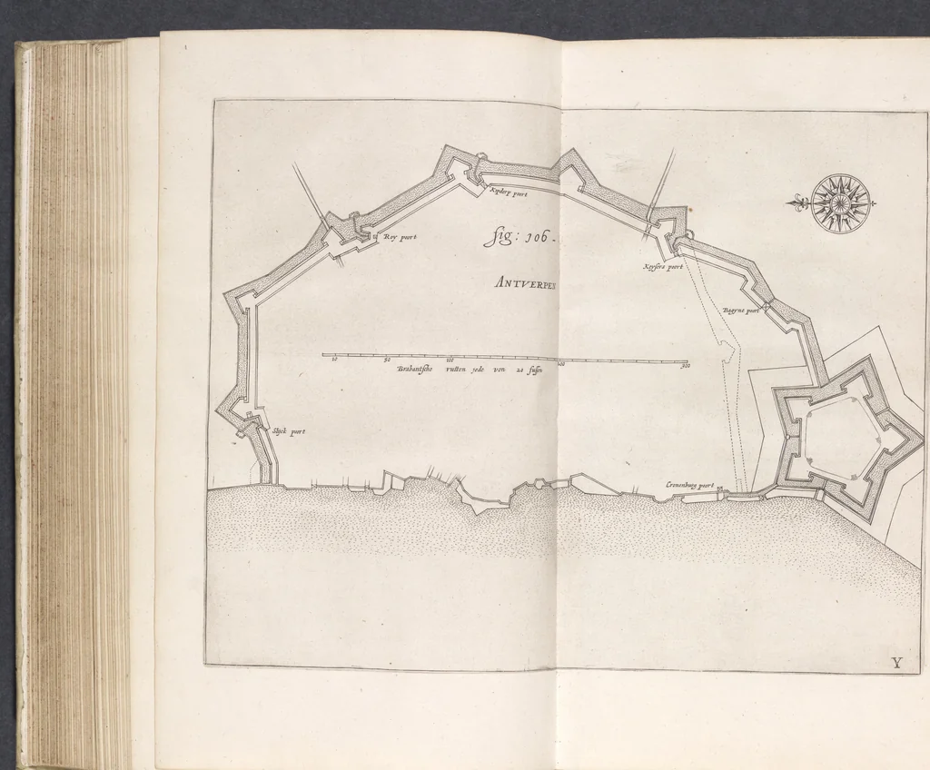 An illustration from Architectura militaris nova et aucta, oder, Newe vermehrte Fortification von regular Vestungen, von irregular Vestungen vnd Aussen wercken, von Praxi offensiva vnd defensiva : auff die neweste Niederländische Praxin gerichtet vnd beschrieben, 1665, leaf 244