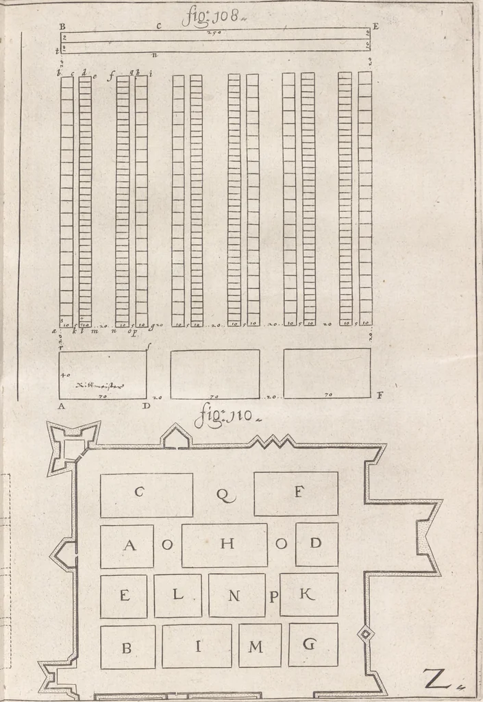 An illustration from Architectura militaris nova et aucta, oder, Newe vermehrte Fortification von regular Vestungen, von irregular Vestungen vnd Aussen wercken, von Praxi offensiva vnd defensiva : auff die neweste Niederländische Praxin gerichtet vnd beschrieben, 1665, leaf 260