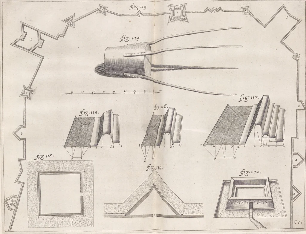An illustration from Architectura militaris nova et aucta, oder, Newe vermehrte Fortification von regular Vestungen, von irregular Vestungen vnd Aussen wercken, von Praxi offensiva vnd defensiva : auff die neweste Niederländische Praxin gerichtet vnd beschrieben, 1665, leaf 284