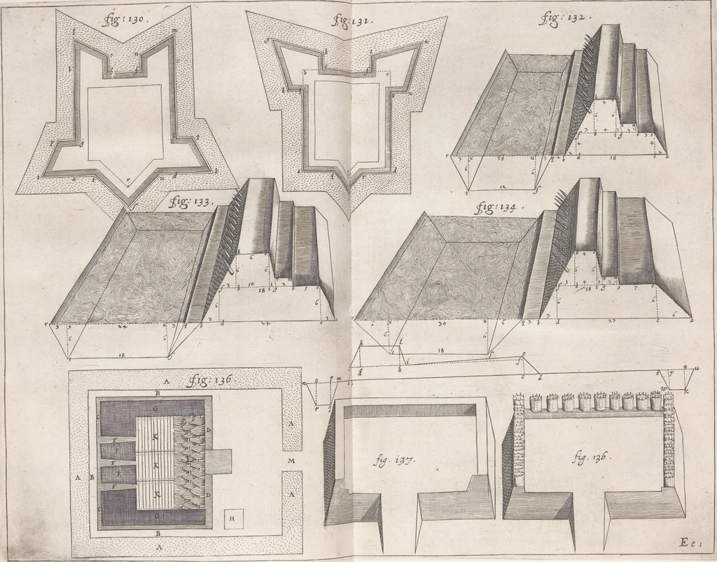 An illustration from Architectura militaris nova et aucta, oder, Newe vermehrte Fortification von regular Vestungen, von irregular Vestungen vnd Aussen wercken, von Praxi offensiva vnd defensiva : auff die neweste Niederländische Praxin gerichtet vnd beschrieben, 1665, leaf 302