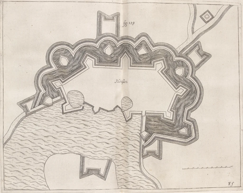 An illustration from Architectura militaris nova et aucta, oder, Newe vermehrte Fortification von regular Vestungen, von irregular Vestungen vnd Aussen wercken, von Praxi offensiva vnd defensiva : auff die neweste Niederländische Praxin gerichtet vnd beschrieben, 1665, leaf 312