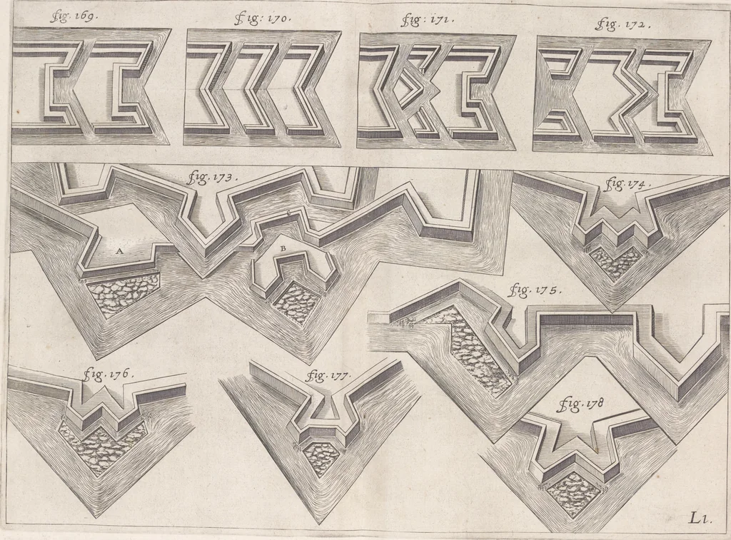 An illustration from Architectura militaris nova et aucta, oder, Newe vermehrte Fortification von regular Vestungen, von irregular Vestungen vnd Aussen wercken, von Praxi offensiva vnd defensiva : auff die neweste Niederländische Praxin gerichtet vnd beschrieben, 1665, leaf 362