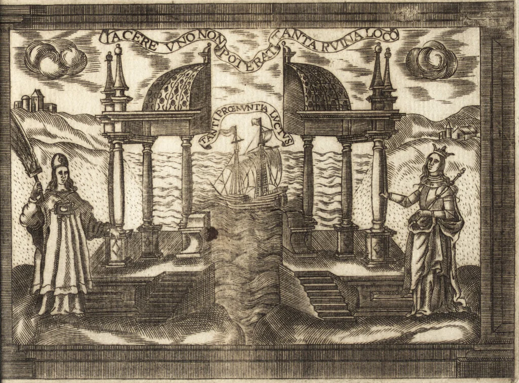 An illustration from Llanto del occidente en el ocaso del mas claro sol de las Españas : funebres demostraciones, que hizo, pyra real, que erigio en las exequias del rey N. Señor D. Felipe IIII. el Grande ..., 1666, leaf 104