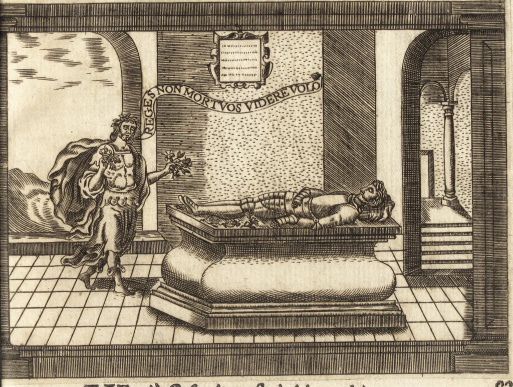An illustration from Llanto del occidente en el ocaso del mas claro sol de las Españas : funebres demostraciones, que hizo, pyra real, que erigio en las exequias del rey N. Señor D. Felipe IIII. el Grande ..., 1666, leaf 166