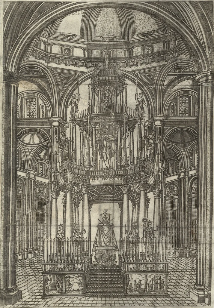 An illustration from Llanto del occidente en el ocaso del mas claro sol de las Españas : funebres demostraciones, que hizo, pyra real, que erigio en las exequias del rey N. Señor D. Felipe IIII. el Grande ..., 1666, leaf 98