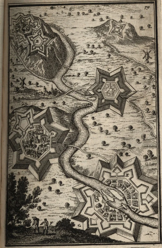 An illustration from Les travaux de Mars, ou, L'art de la guerre : divisé en trois parties ... : avec un ample détail de la milice des Turcs, tant pour l'attaque que pour la deffence : ouvrage enrichi de plus de quatre cens planches gravées en taille-douce, 1684, leaf 104