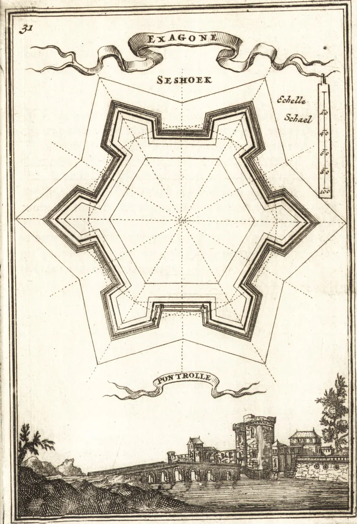 An illustration from Les travaux de Mars, ou, L'art de la guerre : divisé en trois parties ... : avec un ample détail de la milice des Turcs, tant pour l'attaque que pour la deffence : ouvrage enrichi de plus de quatre cens planches gravées en taille-douce, 1684, leaf 120